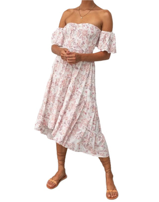 Strapless high low womens dress with fitted stretch bust and flowing skirt.