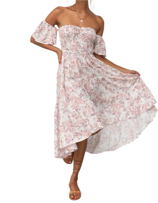 Off the shoulder strapless midi dress with stretch bust, flowy short sleeve and flowing skirt.