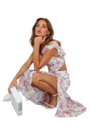 Floral print maxi dress with side split and ruffle detail.