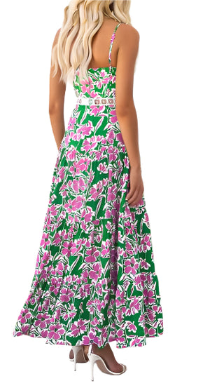 Back view of floral print maxi dress with tiered skirt and lattice waist detail.
