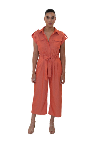 Tencel coral button down jumpsuit with tie waist.