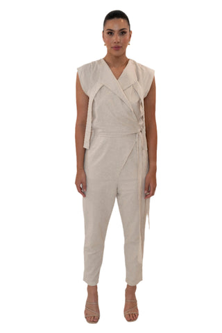Linen cream jumpsuit with tie waist, drop crotch and v neckline