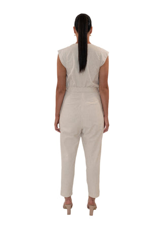 Back view of cream linen jumpsuit, bra friendly