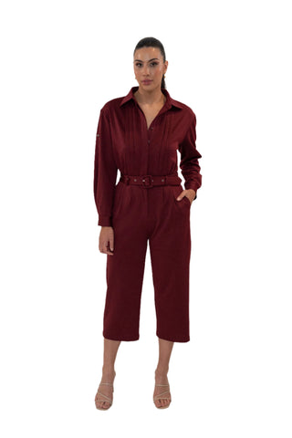All in one burgundy long sleeve suit with shirt pleating detail.