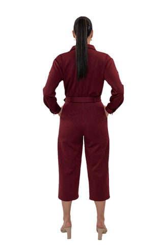 Back view of burgundy jumpsuit with pockets and belt.