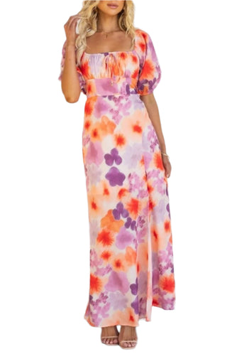 Pretty printed maxi dress with tie ruched front, fitted bust and flowing skirt.