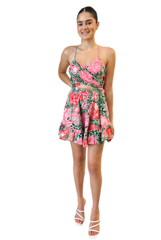 Pink and green floral printed mini dress with cut out front.