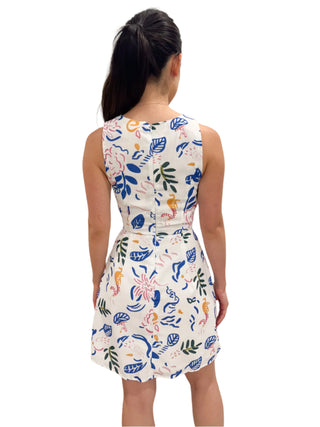 Close up view of the back of the dress and print.