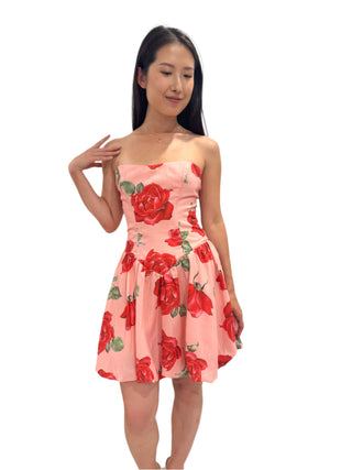 Strapless floral print mini dress with rose print, fitted bodice and full skirt.