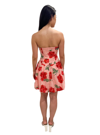 Back view of strapless mini dress with zip up closure, fitted top and full skirt.