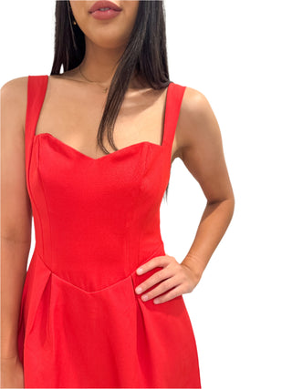 Close up view of sweetheart red mini dress with shaped bodice and full skirt