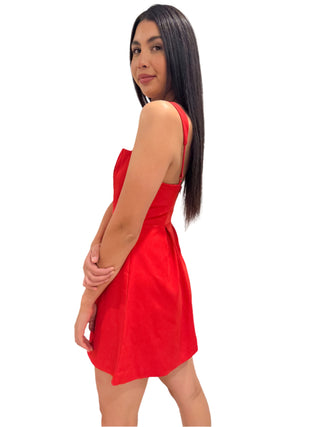 Side view of red mini dress