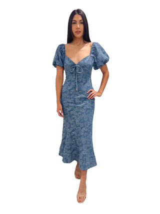 Amazing puff sleeve denim printed maxi dress