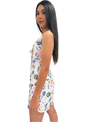Side view of printed mini dress