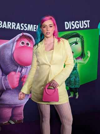 Jenna Hudson wearing our yellow linen Wexley Blazer & matching Samantha Mini Dress