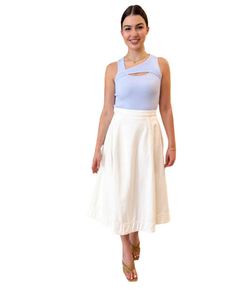 High waisted white denim flowy maxi skirt styled with blue ribbed knit.