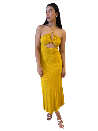 Mustard fitted maxi dress with cross over neckline and cut out under bust.