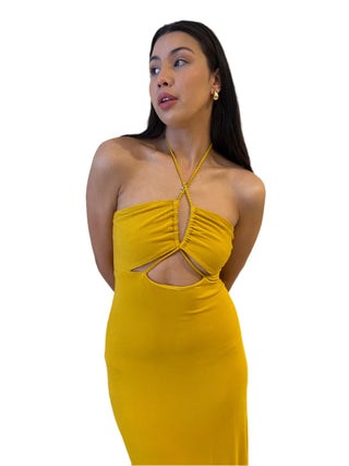 Close up of cross over halter neck maxi dress with under bust cut out.