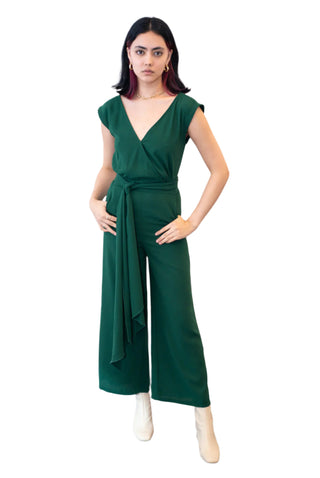 Green jumpsuit with long tie waist band and v neckline.