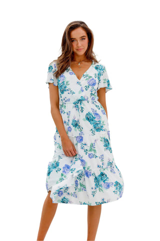 Printed floaty midi dress with short sleeves and adjustable tie waist.