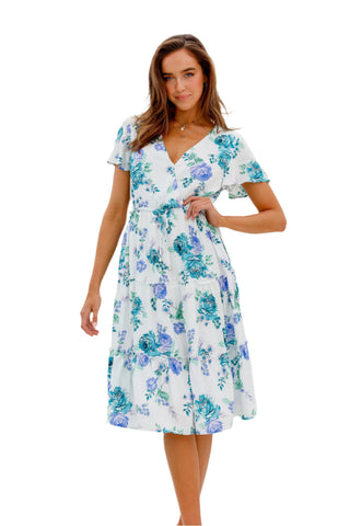 Pretty summer midi dress with blue and purple flowers.