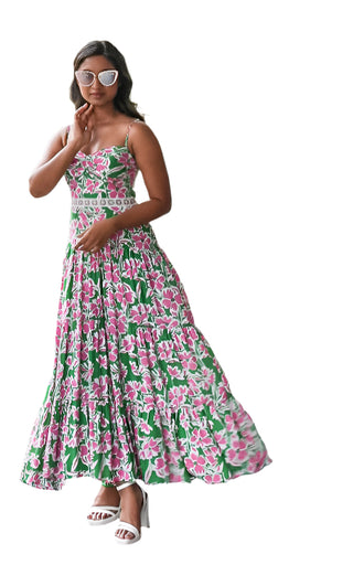 Beautiful flowing printed green and pink maxi dress with lattice waist detail.