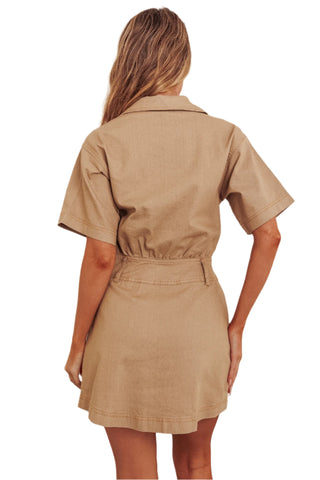 Back view of the beige denim mini dress with loops for a belt and short sleeves