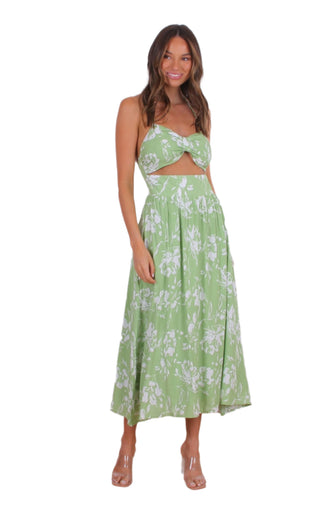 Gree and white floral printed halterneck dress with cut out under bust and flowing skirt.