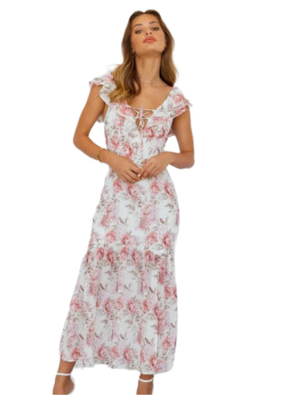 Front view of cream floral print maxi dress with lace up bust, fitted style with flowing tiered skirt.