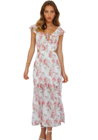 Floral maxi dress with cut outs and lace up front.