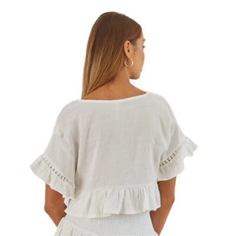 Back view of white crop top with ruffle and eyelet detail.