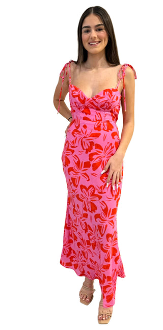 Red and pink maxi dress with tie shoulders and sweetheart neckline.
