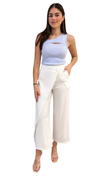 White cross over high waisted, wide leg pants.
