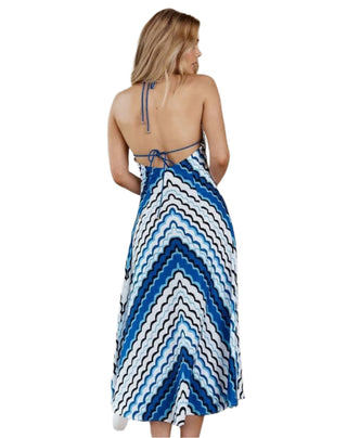 Back view of halterneck midi dress with tie back.