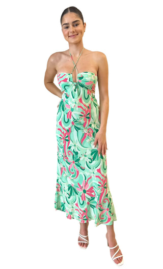 Paisley printed midi dress with halter neckline and cut out sides.