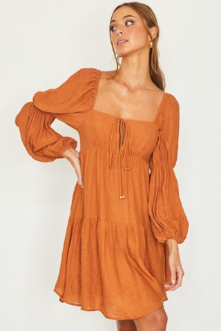 Rust coloured mini dress with puff long sleeves and tie front
