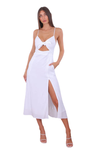 White midi dress with tie front, cut out under bust and thigh high split.