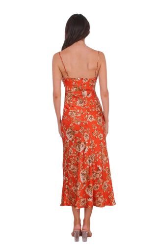 Back view of womens silky midi dress with adjustable shoulder straps.