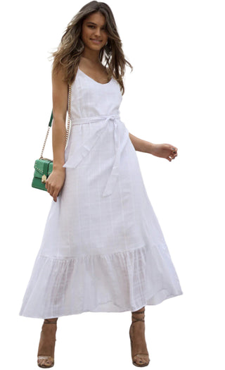 White cotton flowy midi dress with tie waist.