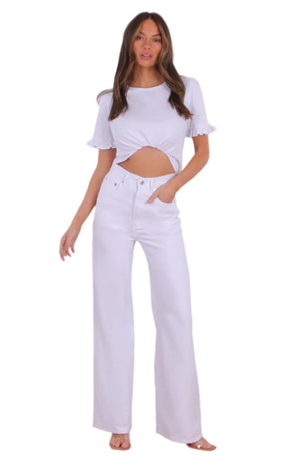 White high waisted, wide leg, denim jeans.