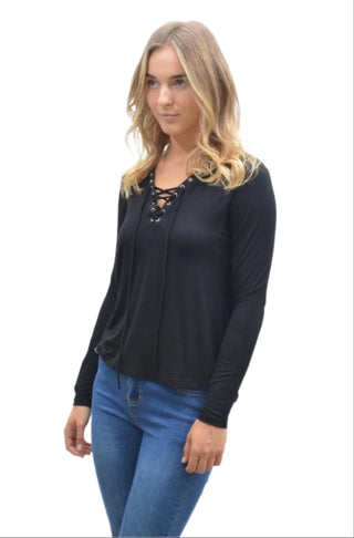 Black long sleeve top with lace up front