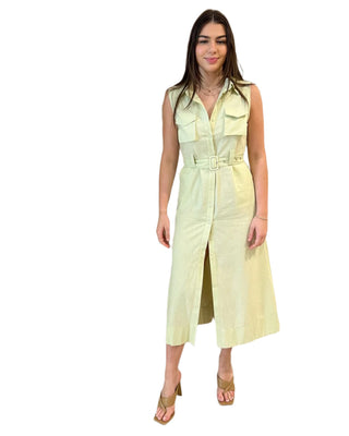 Linen fitted shirt dress in lime green with bust pockets and belt waist.