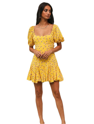 Yellow floral printed mini dress with short puff sleeves.
