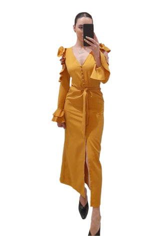 Long sleeve, djon maxi dress with cut out sleeves and thigh high split.