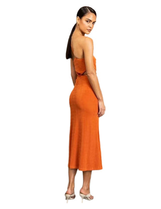 Back view of orange fitted midi dress with one shoulder.