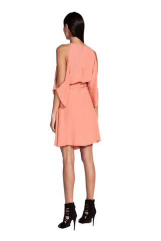 Back view of mini dress with cut out sleeves and flowing skirt.