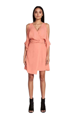 V neck, cut out sleeve mini dress with tie waist detail.