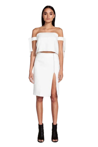 White crop top with arm ties.