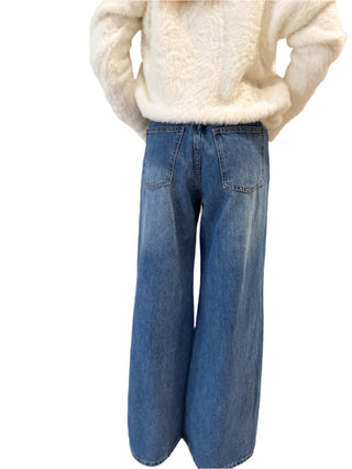 Dark blue jeans with back pockets and wide leg styled with a white knit.
