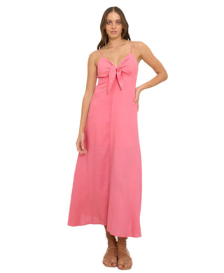 Pink midi dress with tie front and singlet straps.